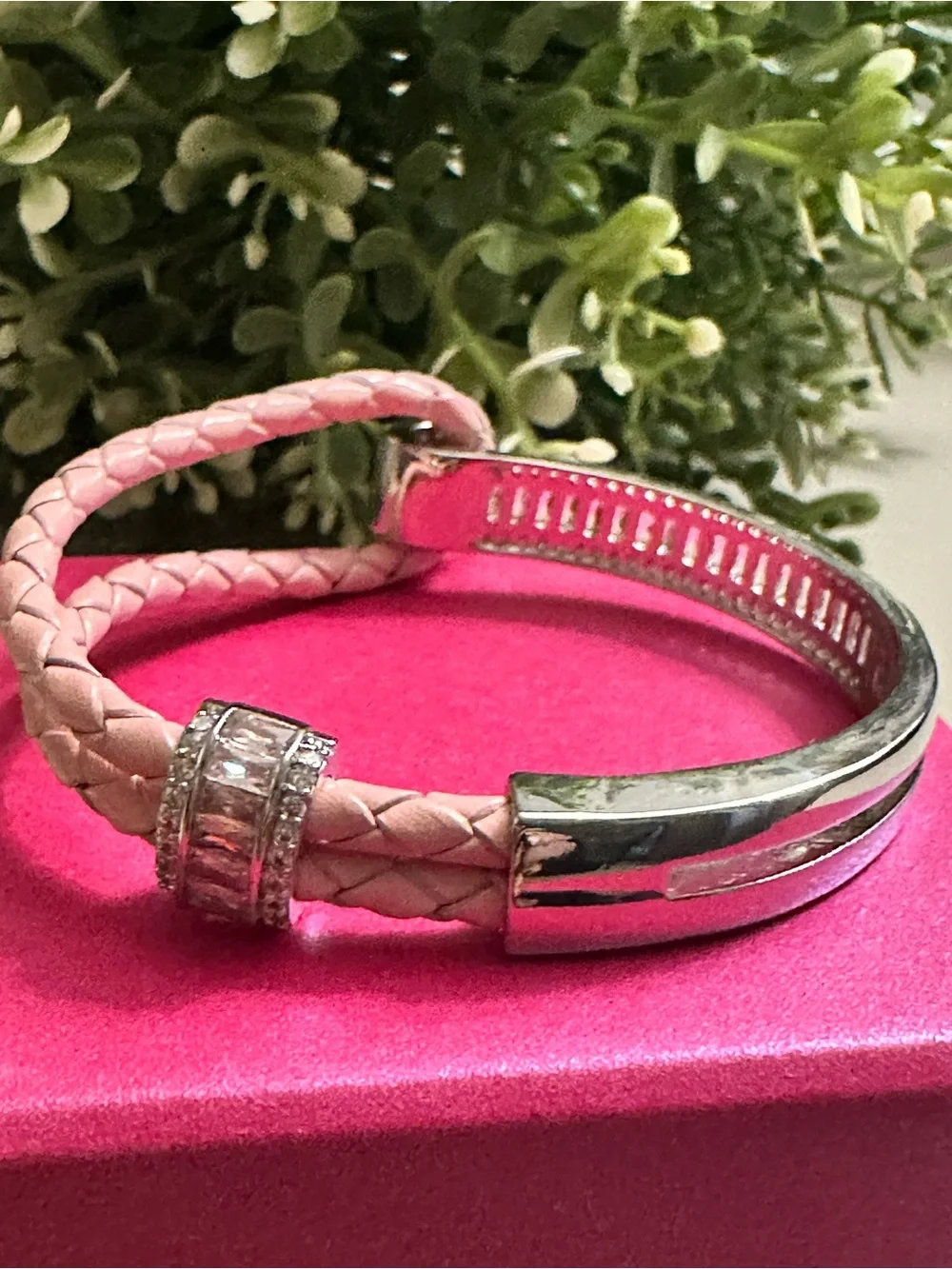 Braided Pink Leather Bracelet with Silver Bar Accent